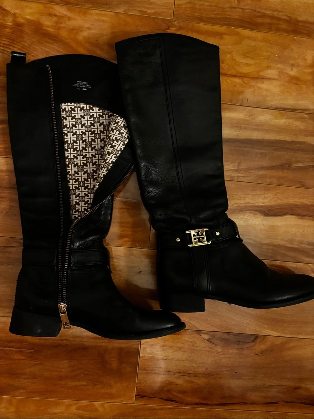 Tory Burch Black Leather Over-the-Knee Boots with Gold Logo Buckle